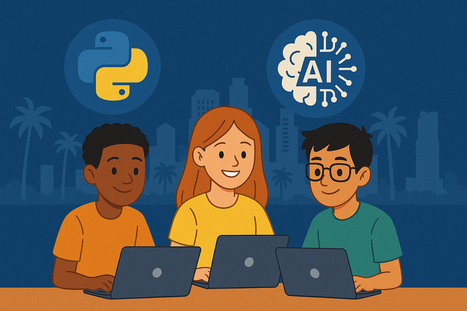 Python + AI Squared Camp Logo: stylized Python and AI graphics